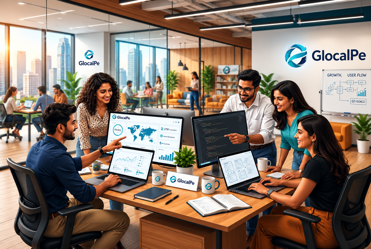 Fintech team collaborating in a modern engineering workspace